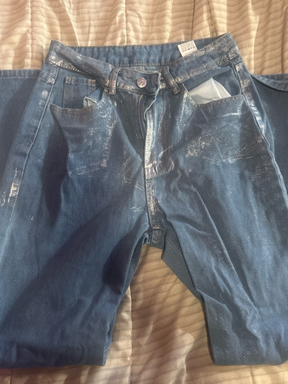 SHEIN Blue Straight Leg Jeans with Silver Metallic Detail